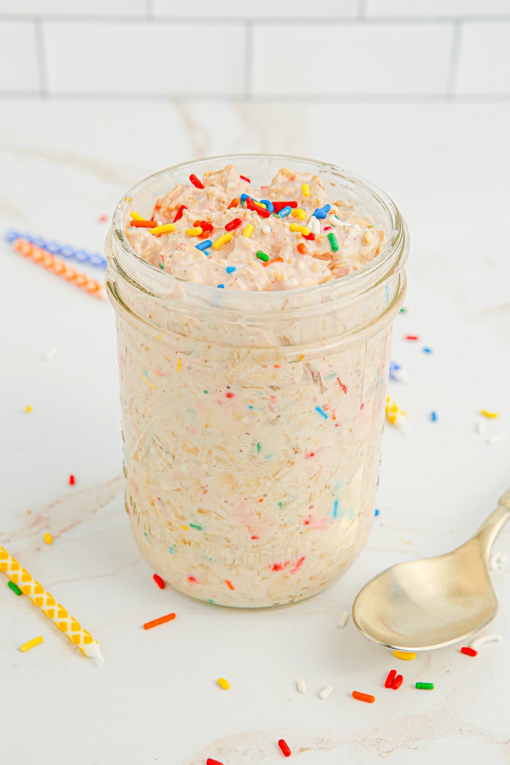 Birthday Cake Overnight Oats in a jar