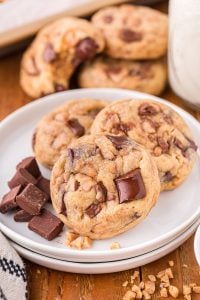Brown Butter Chocolate Chip Toffee Cookies on a plate