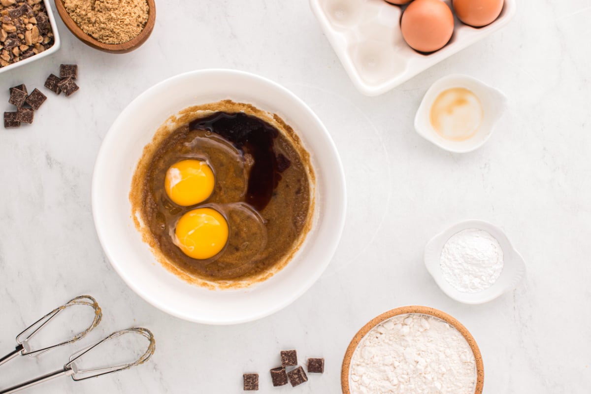 eggs and vanilla added to mixing bowl