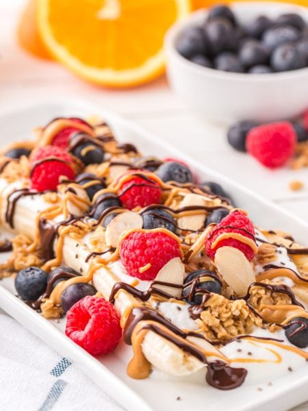 Healthy Breakfast Banana Split on a plate
