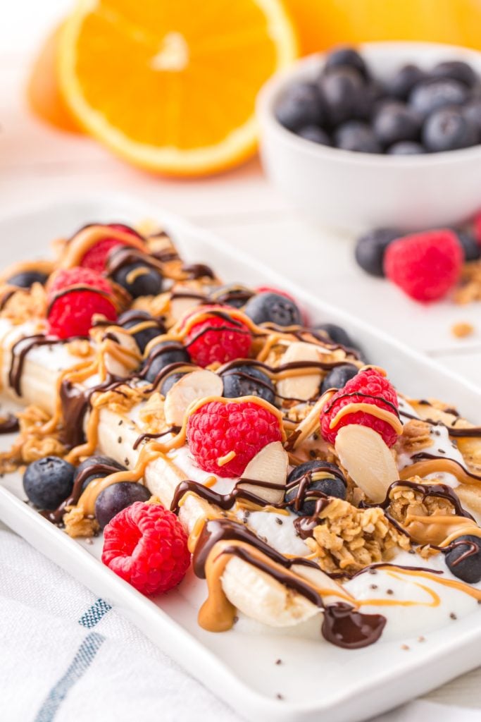 Healthy Breakfast Banana Split on a plate
