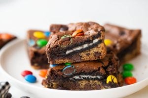 M&M Oreo Slutty Brownies on a plate