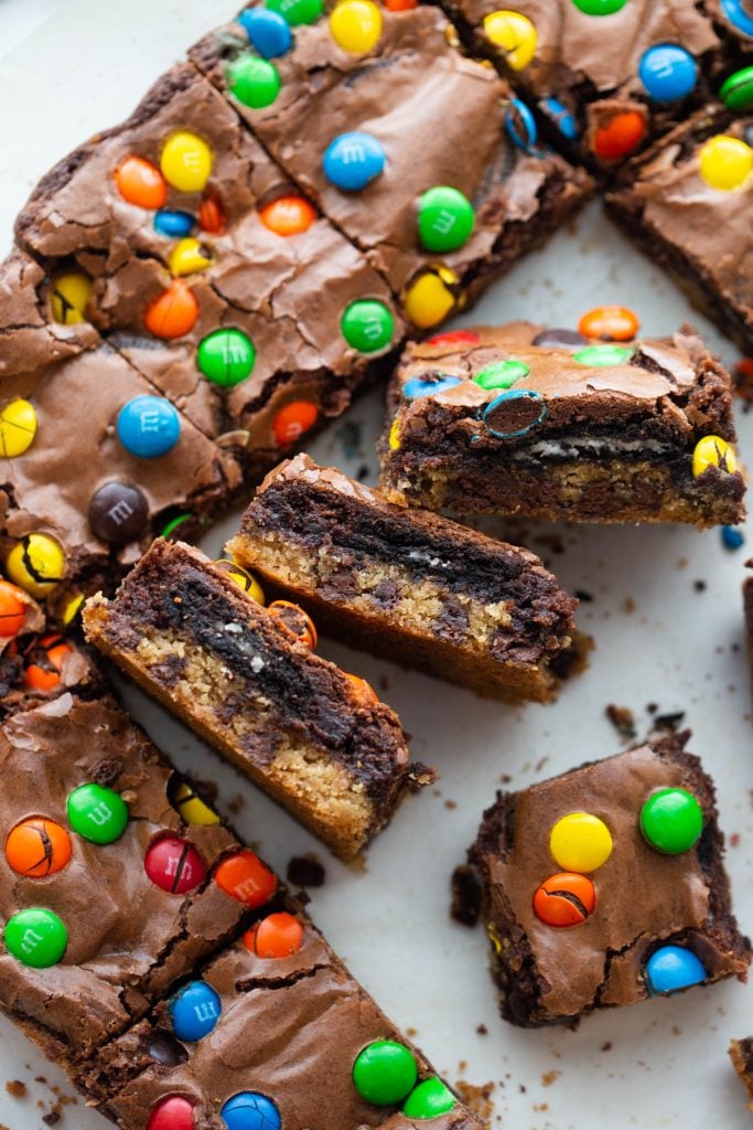 M&M Oreo Slutty Brownies cut into pieces