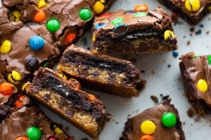 M&M Oreo Slutty Brownies cut into pieces
