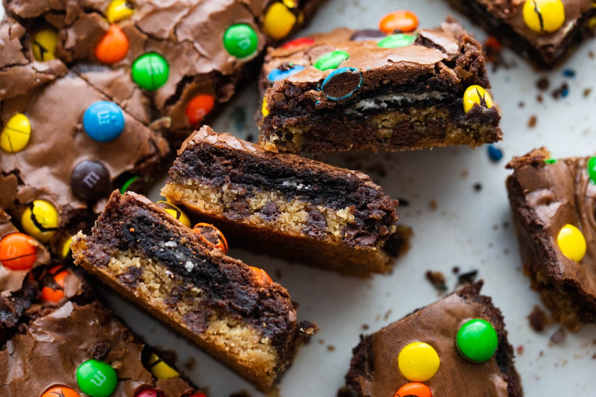 M&M Oreo Slutty Brownies cut into pieces
