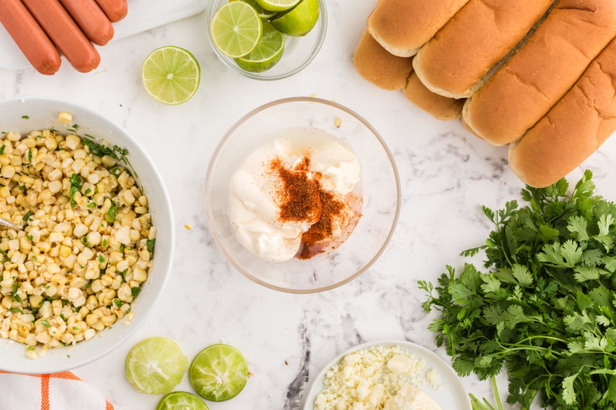 lime juice, remaining ½ of the spice mixture, crema, and mayonnaise in a bowl