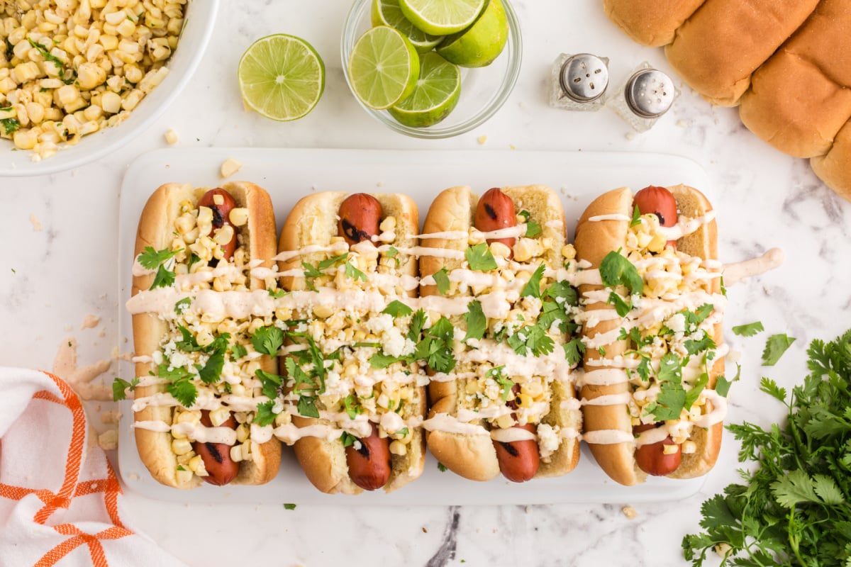 Mexican Street Corn Hot Dogs on a plater