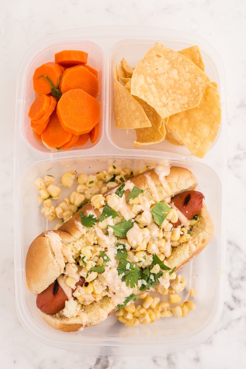 Mexican Street Corn Hot Dog packed in a lunchbox