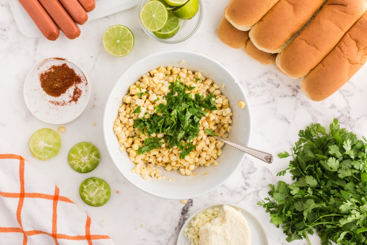 1/2 spice mix, cheese and cilantro added to bowl with corn