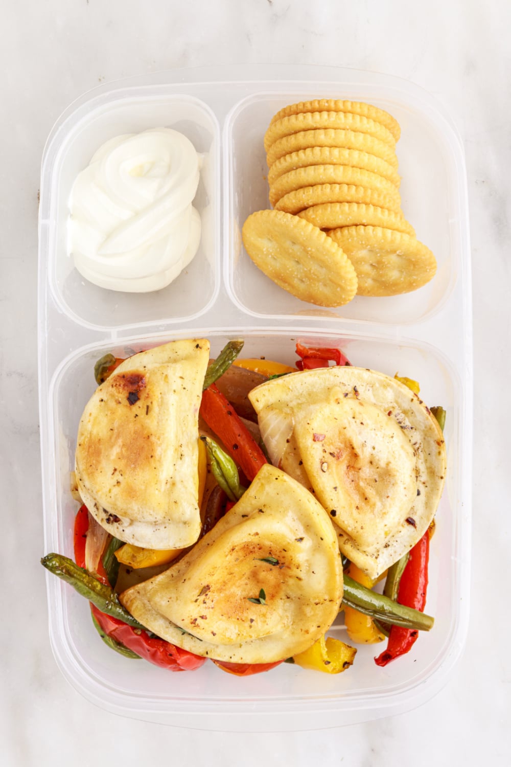 Sheet Pan Pierogi Dinner packed in a lunchbox