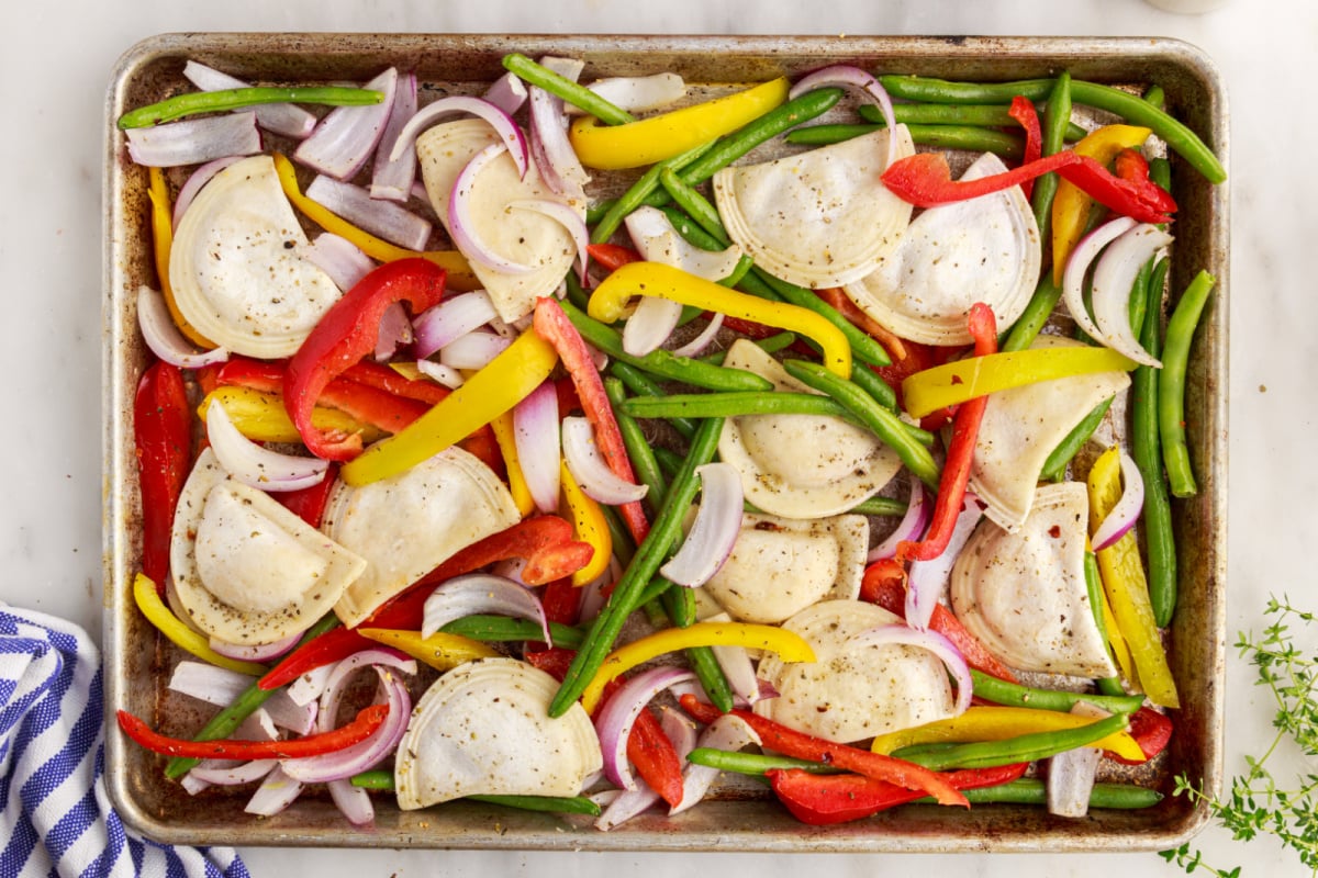Sheet Pan Pierogi Dinner on a baking sheet