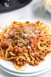 Slow Cooker Bolognese Sauce with pasta on a plate