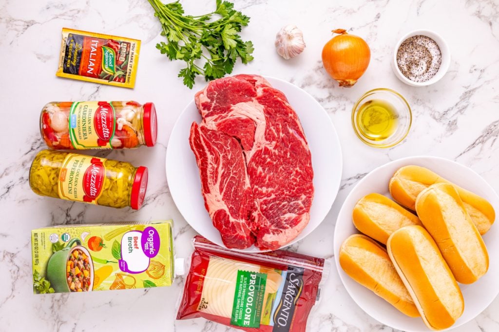 ingredients for Slow Cooker Chicago Italian Beef Sandwiches