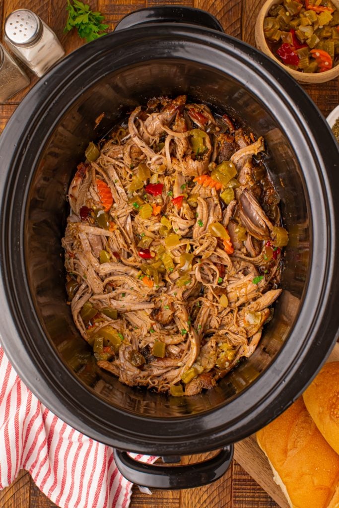 Slow Cooker Chicago Style Pulled Pork Tenderloin in a crockpot