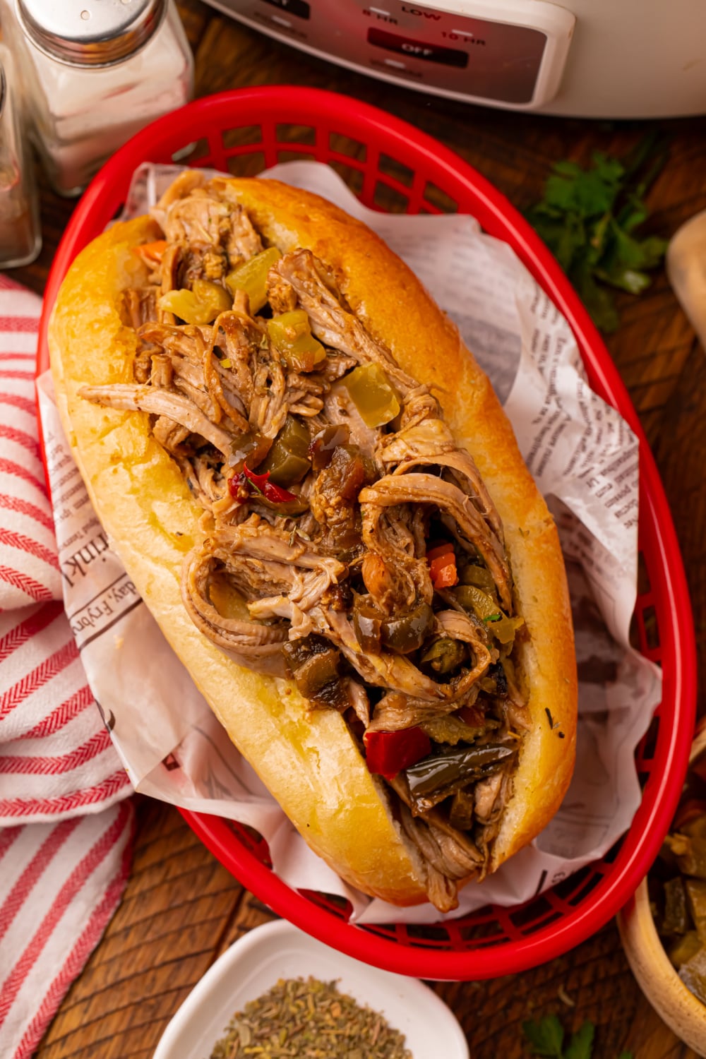 Slow Cooker Chicago Style Pulled Pork Tenderloin in a bun