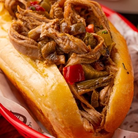 Slow Cooker Chicago Style Pulled Pork Tenderloin on a bun