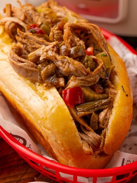 Slow Cooker Chicago Style Pulled Pork Tenderloin on a bun