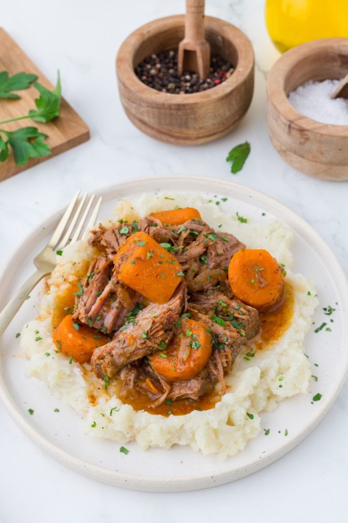 Slow Cooker Pot Roast and Carrots on a plate