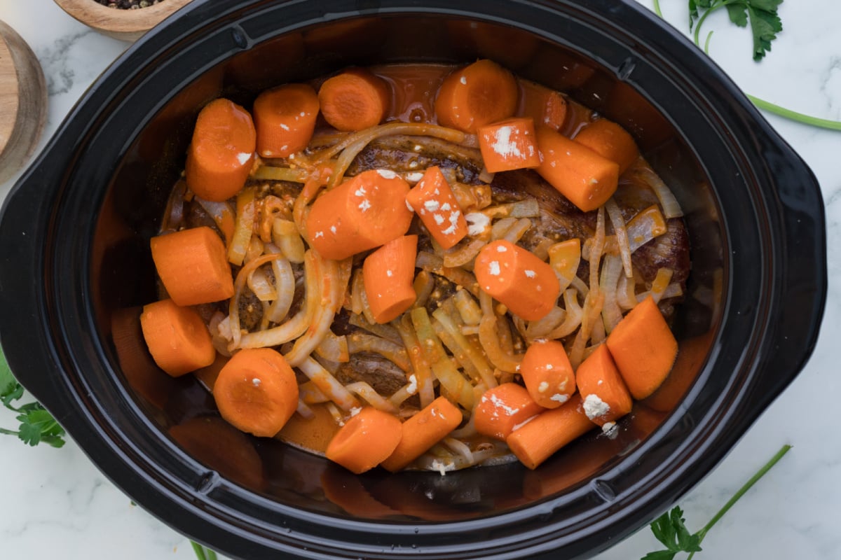 Slow Cooker Pot Roast and Carrots in a crockpot