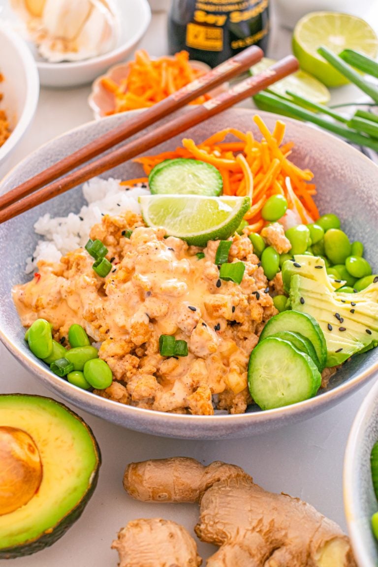 bang bang ground chicken bowl on a table