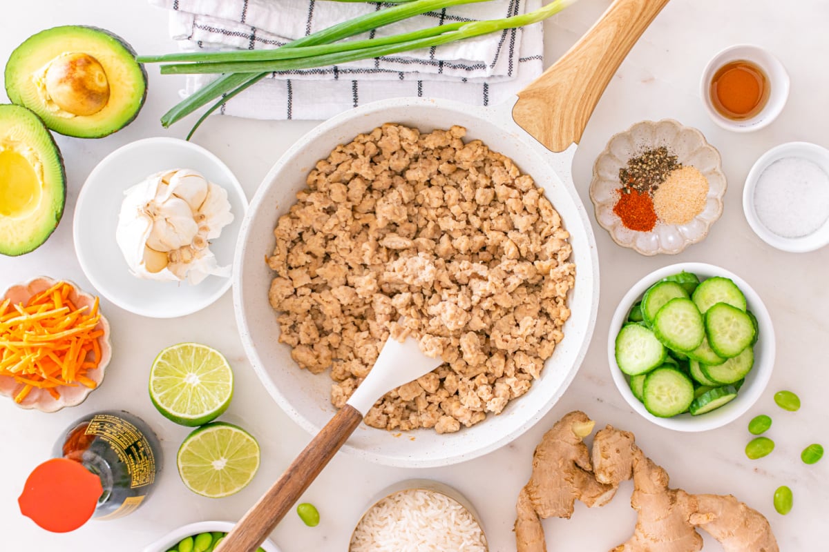 ground chicken cooking in a pan