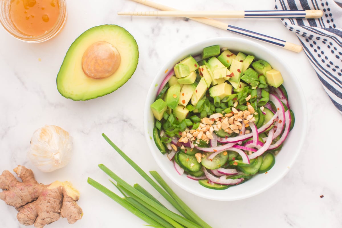 Asian Cucumber Avocado Salad in a bowl