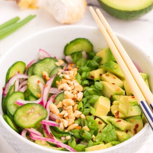 Asian Cucumber Avocado Salad in a bowl