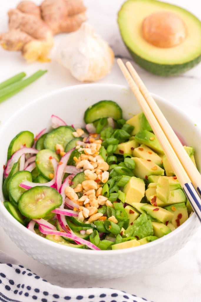 Asian Cucumber Avocado Salad in a bowl