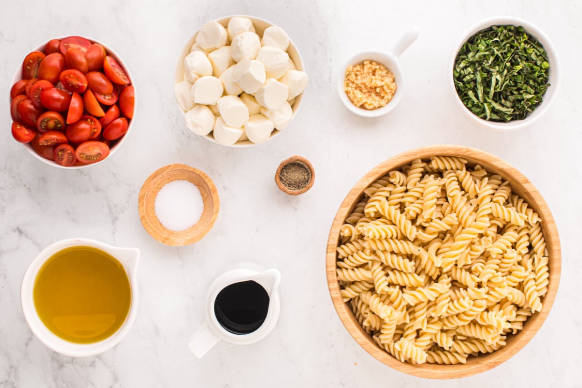 ingredients for Caprese Pasta Salad