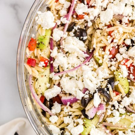 Greek Orzo Pasta Salad in a bowl