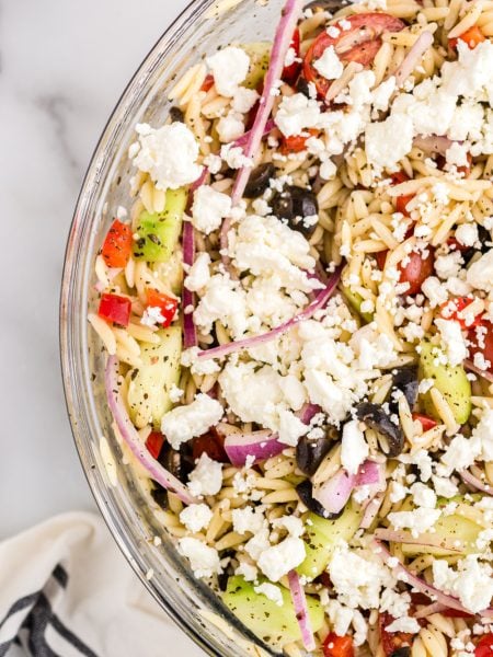 Greek Orzo Pasta Salad in a bowl