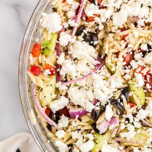 Greek Orzo Pasta Salad in a bowl