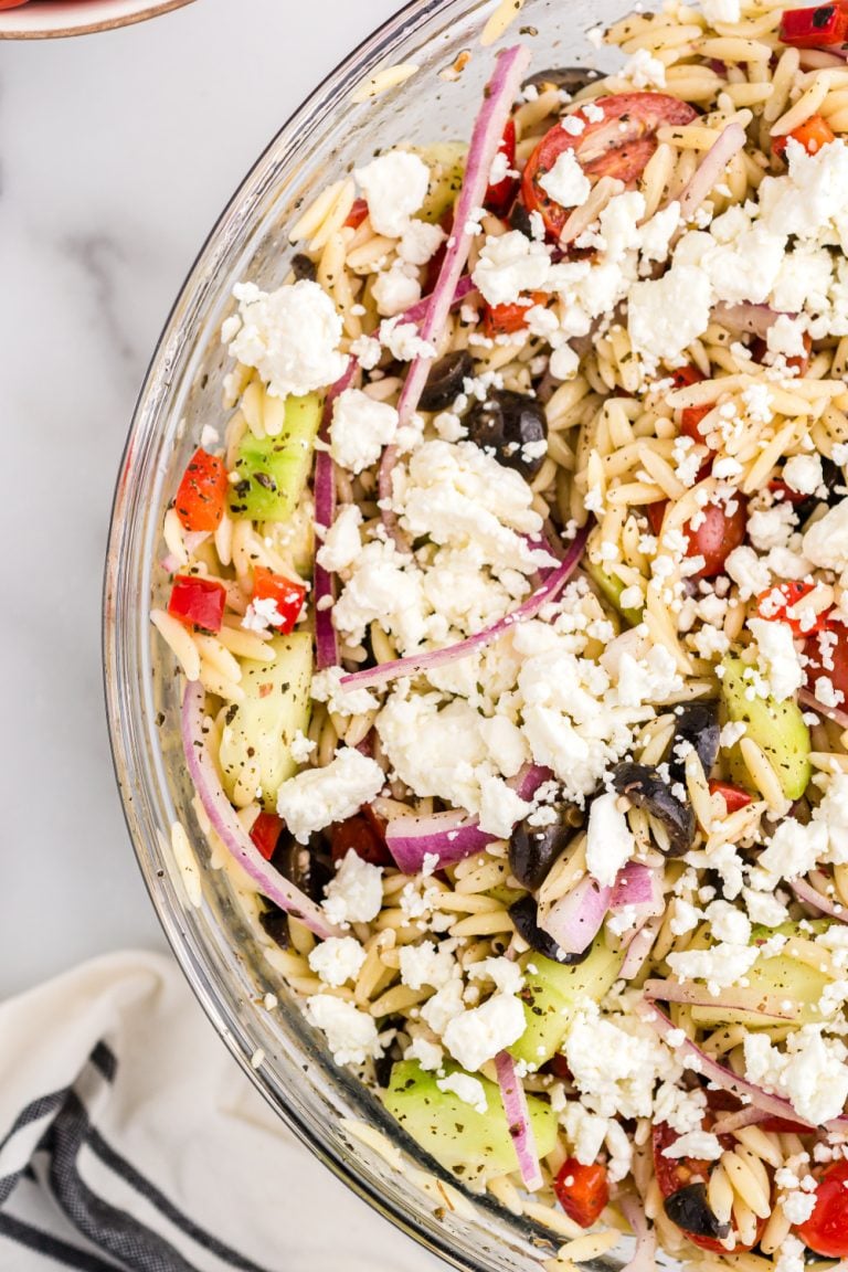 Greek Orzo Pasta Salad in a bowl
