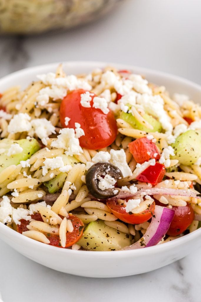 Greek Orzo Pasta Salad in a bowl