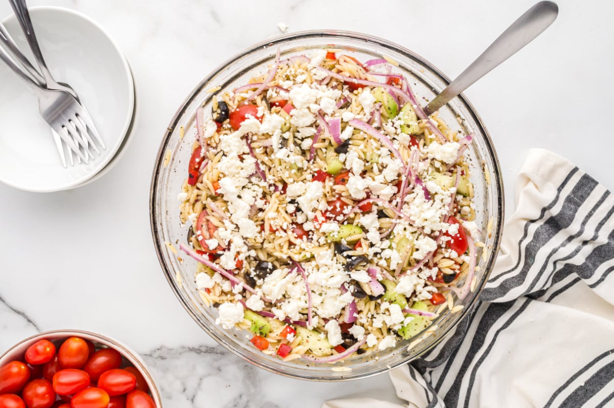 Greek Orzo Pasta Salad in a bowl