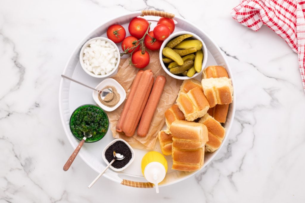 ingredients for Mini Chicago Style Hot Dogs