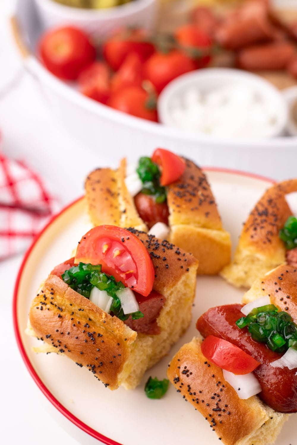 Mini Chicago Style Hot Dogs on a plate