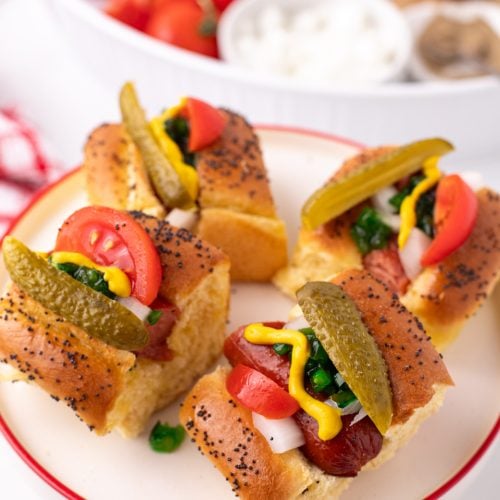 Mini Chicago Style Hot Dogs on a plate