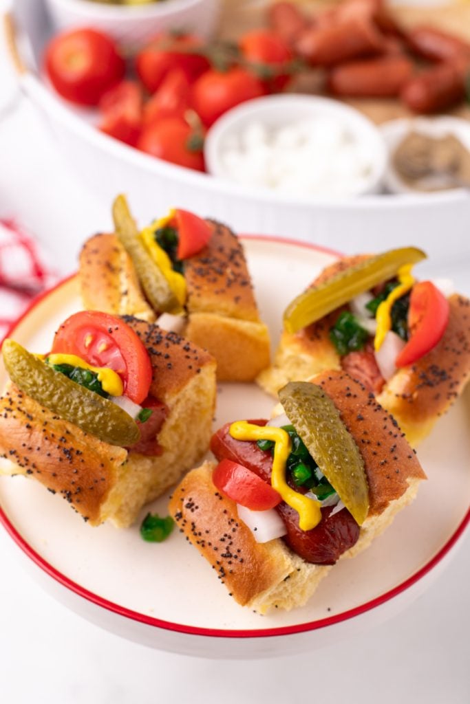 Mini Chicago Style Hot Dogs on a plate