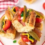 Mini Chicago Style Hot Dogs on a plate