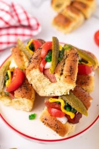 Mini Chicago Style Hot Dogs on a plate