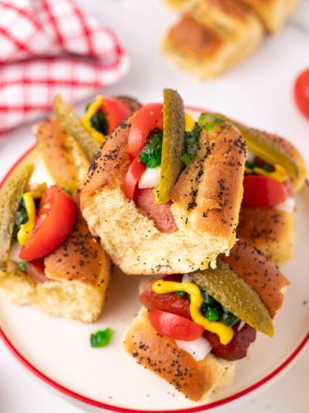 Mini Chicago Style Hot Dogs on a plate