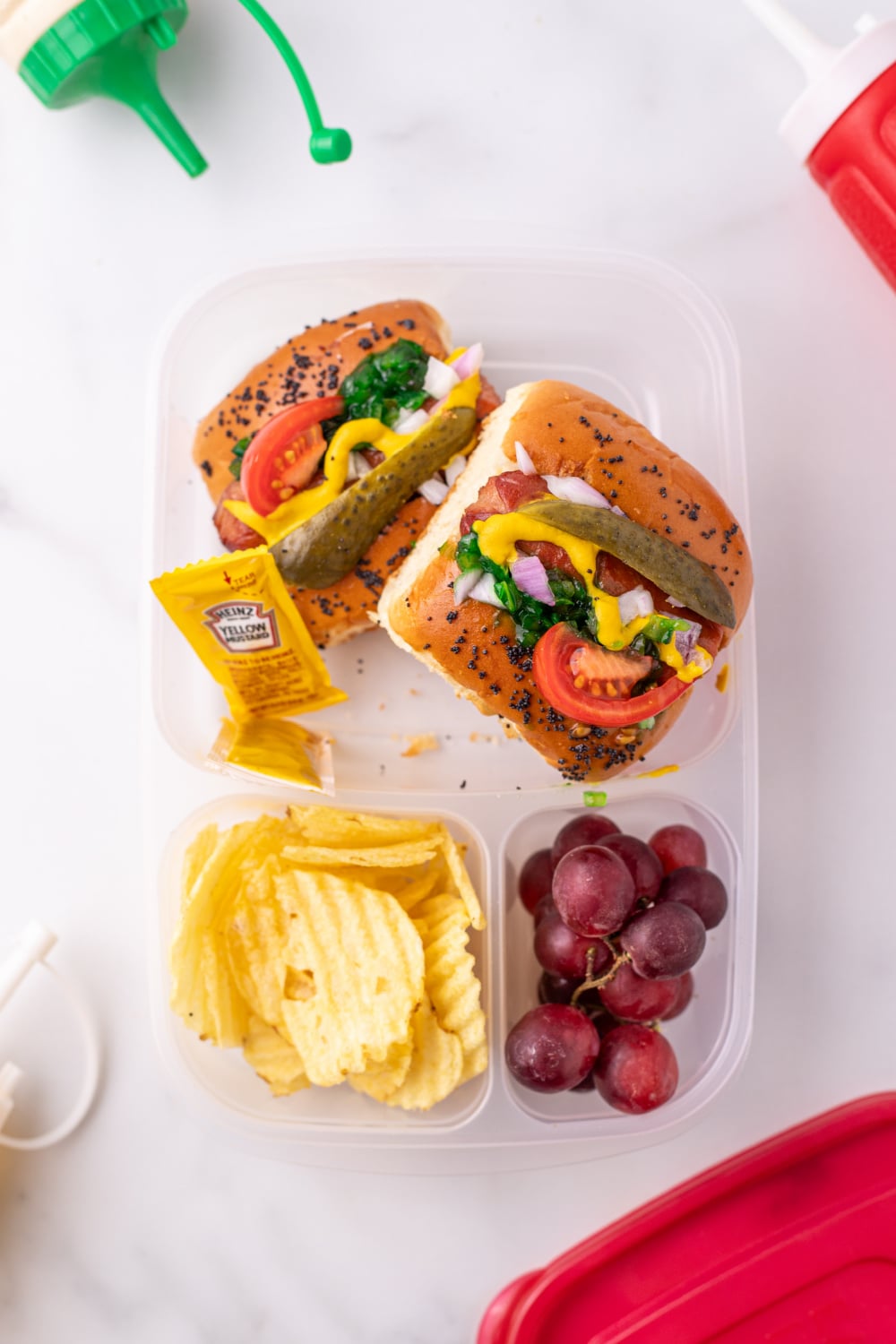 Mini Chicago Style Hot Dogs in a lunchbox