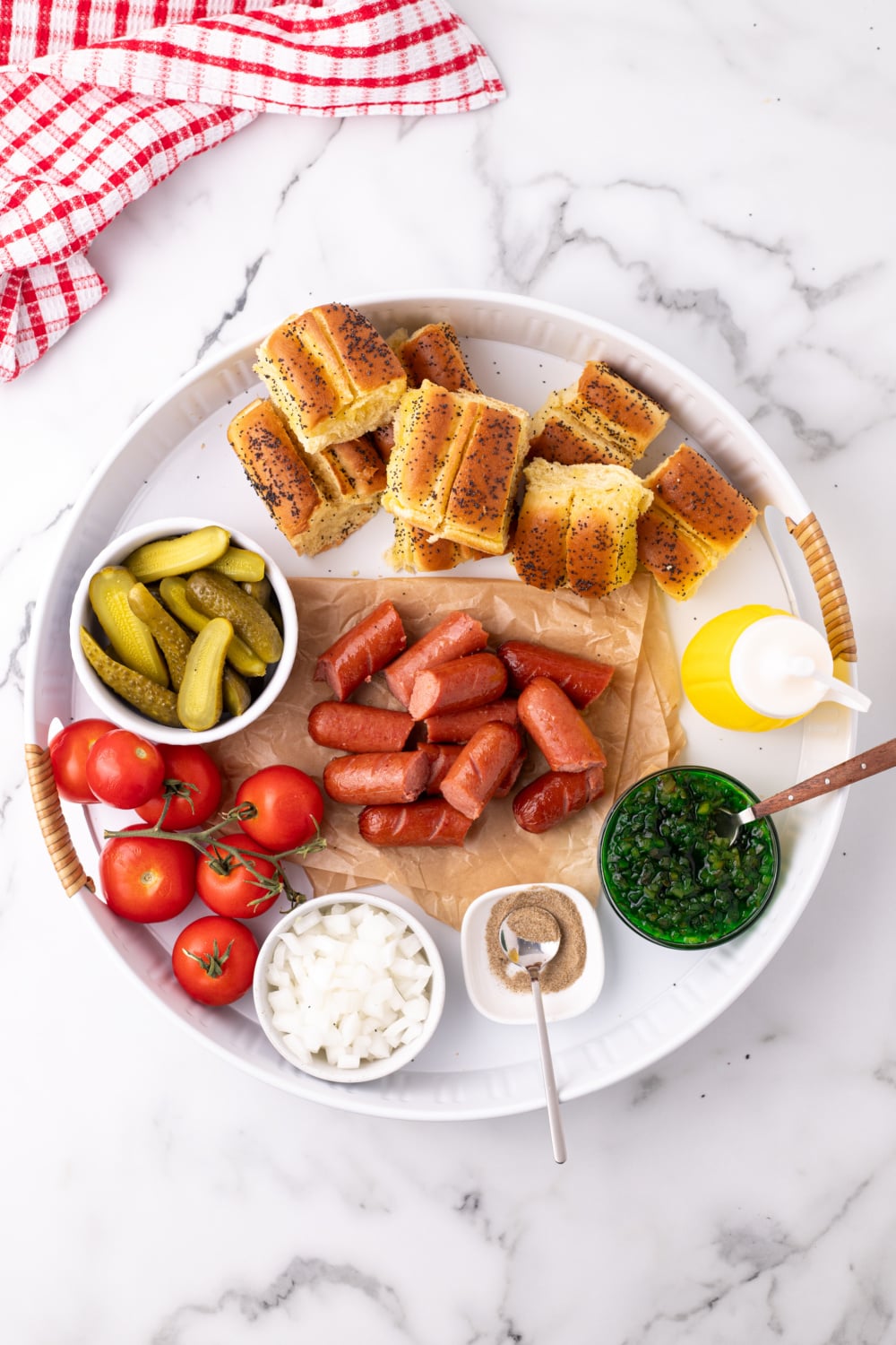 ingredients for Mini Chicago Style Hot Dogs on a platter