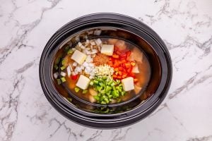chicken breasts, onion, bell peppers, garlic, chicken broth, butter, and cajun seasoning in slow cooker