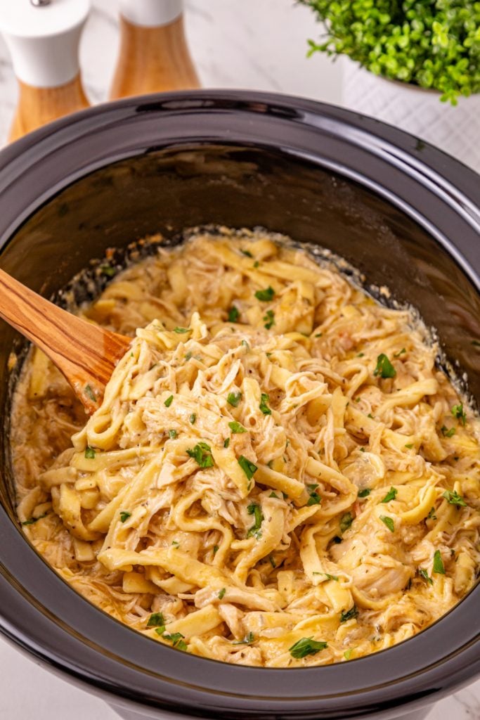 Slow Cooker Chicken and Noodles in a crockpot