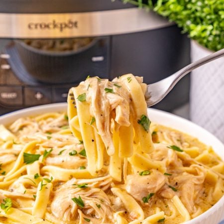 Slow Cooker Chicken and Noodles in a bowl with a fork