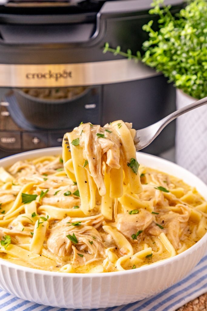 Slow Cooker Chicken and Noodles in a bowl with a fork