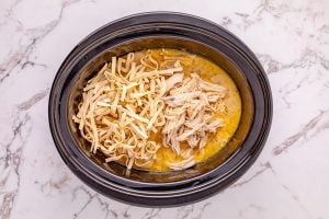 noodles and shredded chicken added to slow cooker