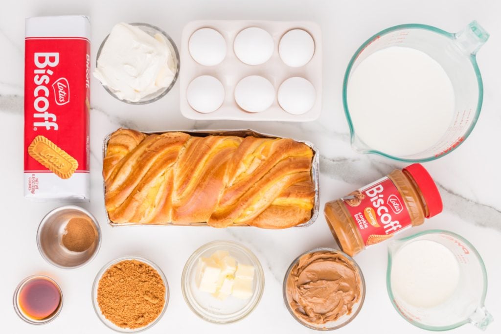 ingredients for Biscoff Stuffed French Toast Casserole